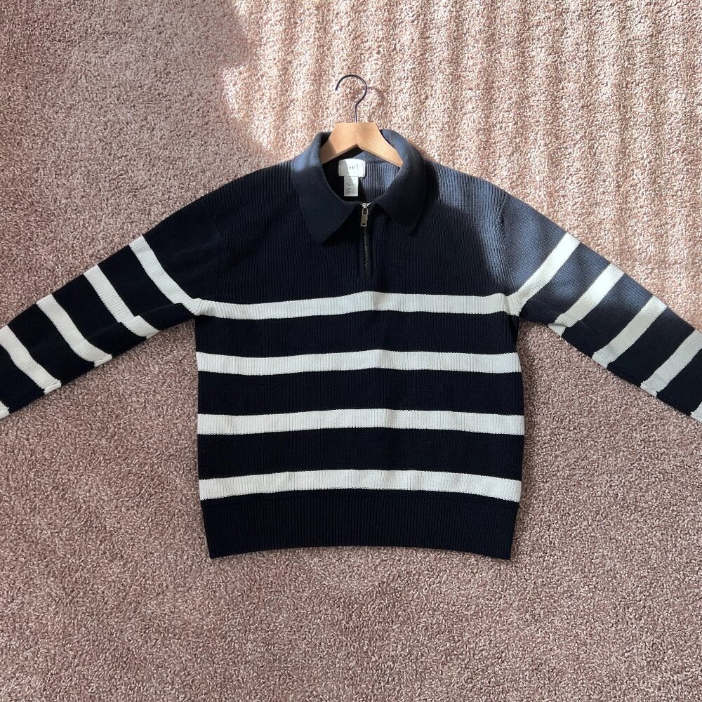H&M Mens Loose Fit Half-zip Polo Sweater Navy/White - USED SMALL